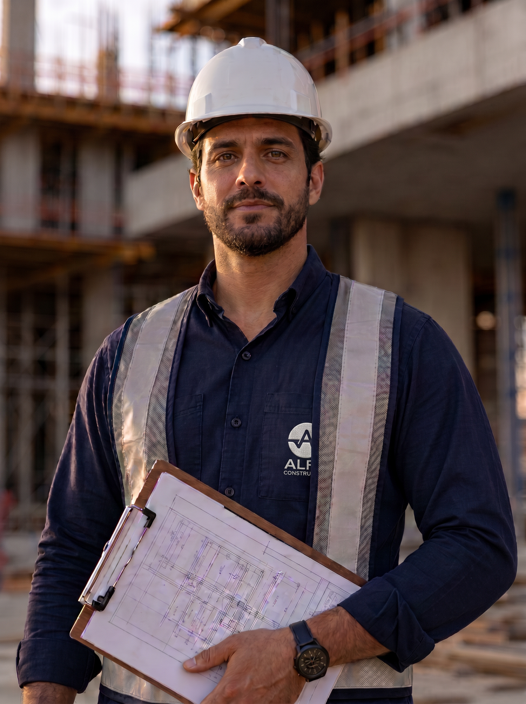 Engenheiro Alfa uniformizado no canteiro de obras com prancheta