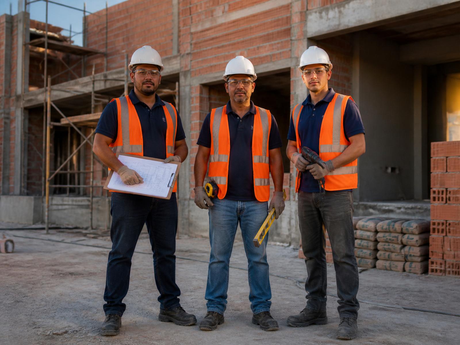 Equipe de engenheiros e arquitetos analisando planta em canteiro de obras
